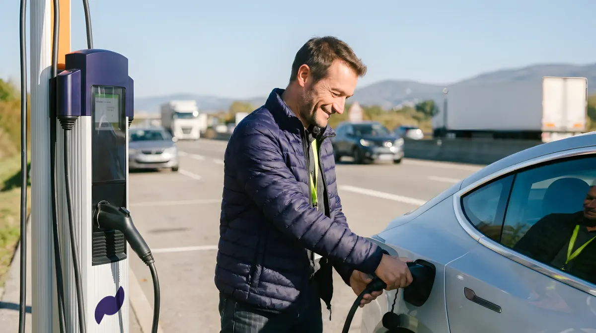 Conducteur professionnel qui recharge son véhicule électrique sur une borne d'autoroute